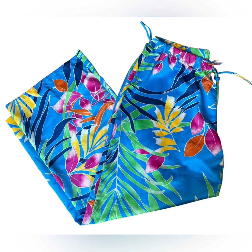 Natori Blue Charmeuse Tropical Coastal Luxe Drawstring Cropped Pajama Pants